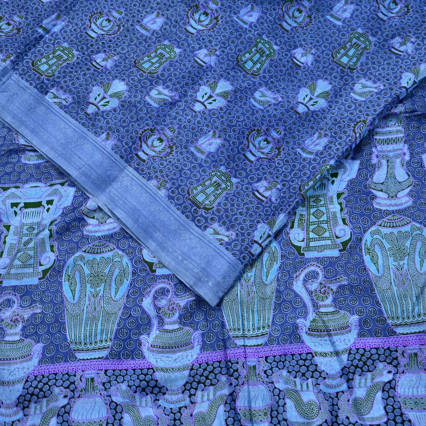 Vintage Sari Gray Pure Silk Printed Saree Fabric 6yard Sewing Soft Dress Designing for Crafting Quilting Upcycle Soft Border