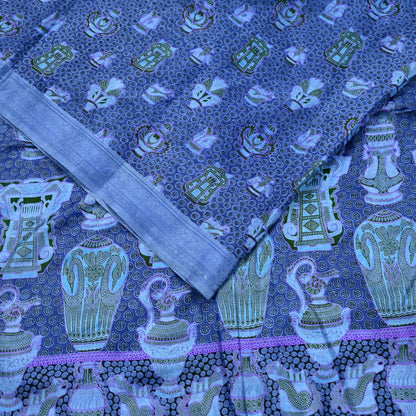 Vintage Sari Gray Pure Silk Printed Saree Fabric 6yard Sewing Soft Dress Designing for Crafting Quilting Upcycle Soft Border