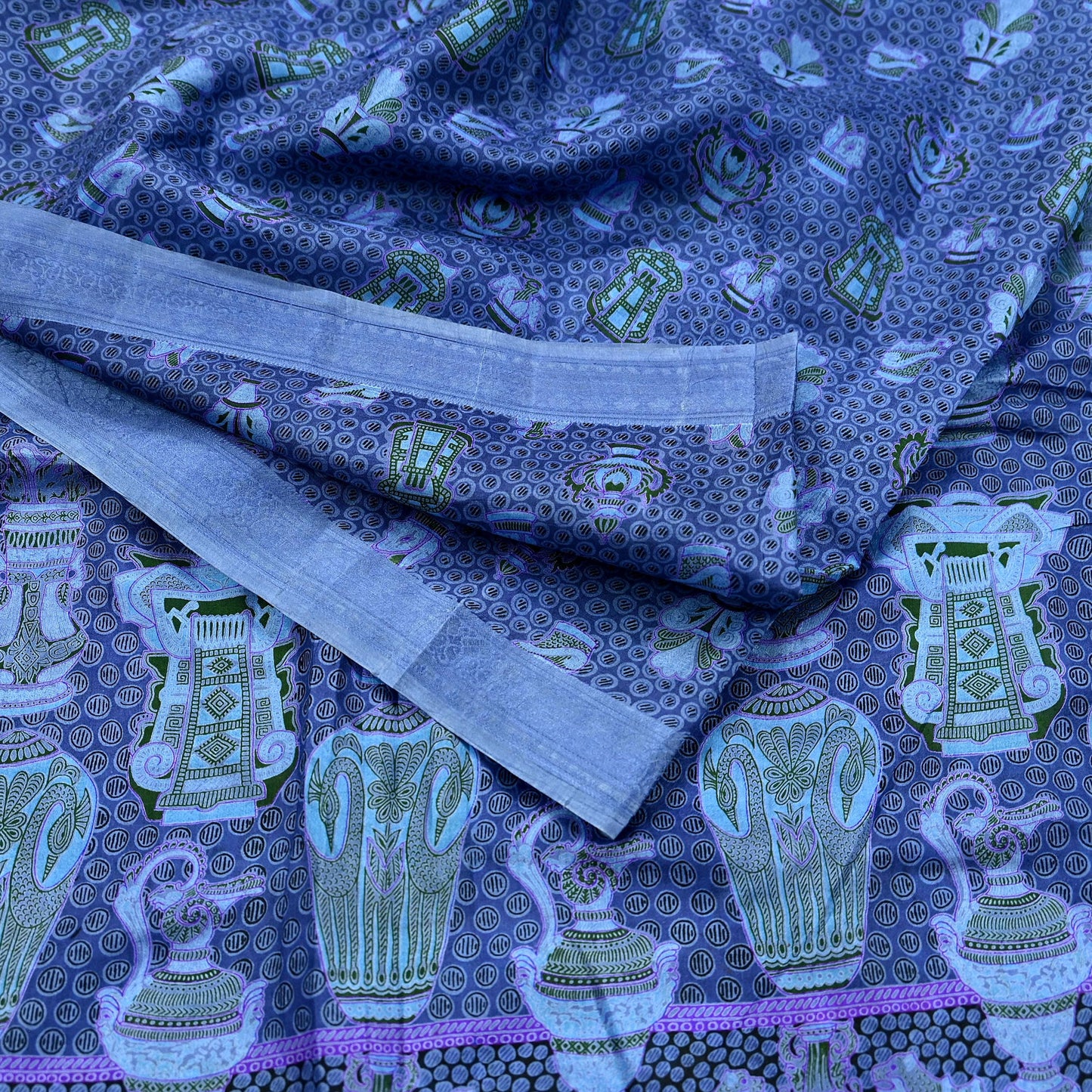 Vintage Sari Gray Pure Silk Printed Saree Fabric 6yard Sewing Soft Dress Designing for Crafting Quilting Upcycle Soft Border