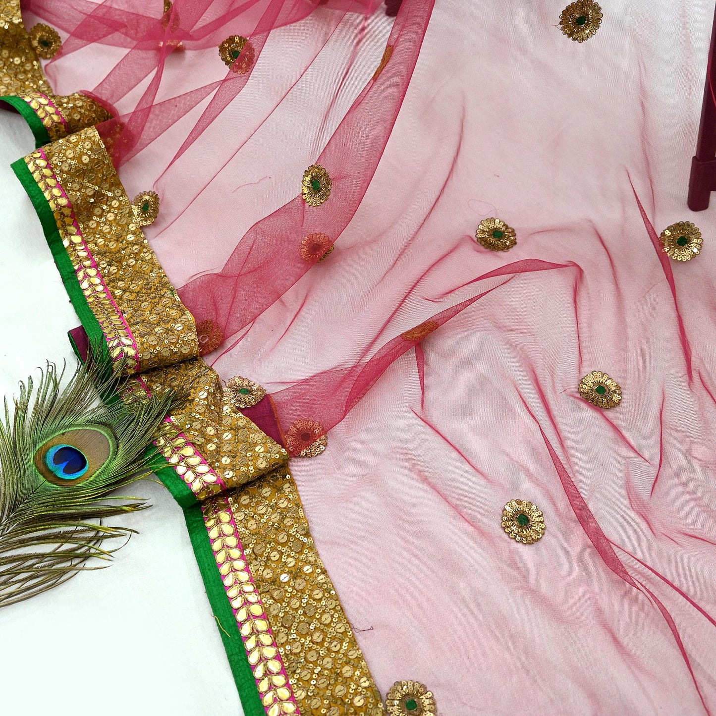 Indian Heavy Wedding Dupatta Pink Net Mesh Long Stole Hand Embroidered Abu Jani Designer Scarves Zardozi Dabka Bridal Veil