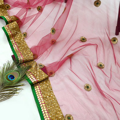 Indian Heavy Wedding Dupatta Pink Net Mesh Long Stole Hand Embroidered Abu Jani Designer Scarves Zardozi Dabka Bridal Veil