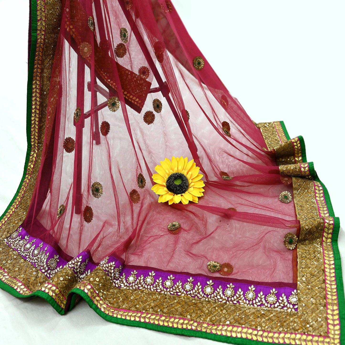 Indian Heavy Wedding Dupatta Pink Net Mesh Long Stole Hand Embroidered Abu Jani Designer Scarves Zardozi Dabka Bridal Veil