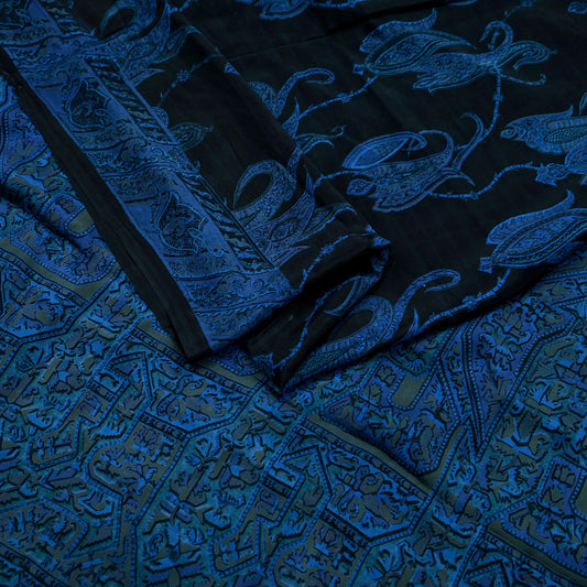 Indian Vintage Sari Black Printed Pure Silk Sarees Craft Fabric 6yd Sewing Floral Soft Dress Designing for Crafting Quilting Upcycle Used