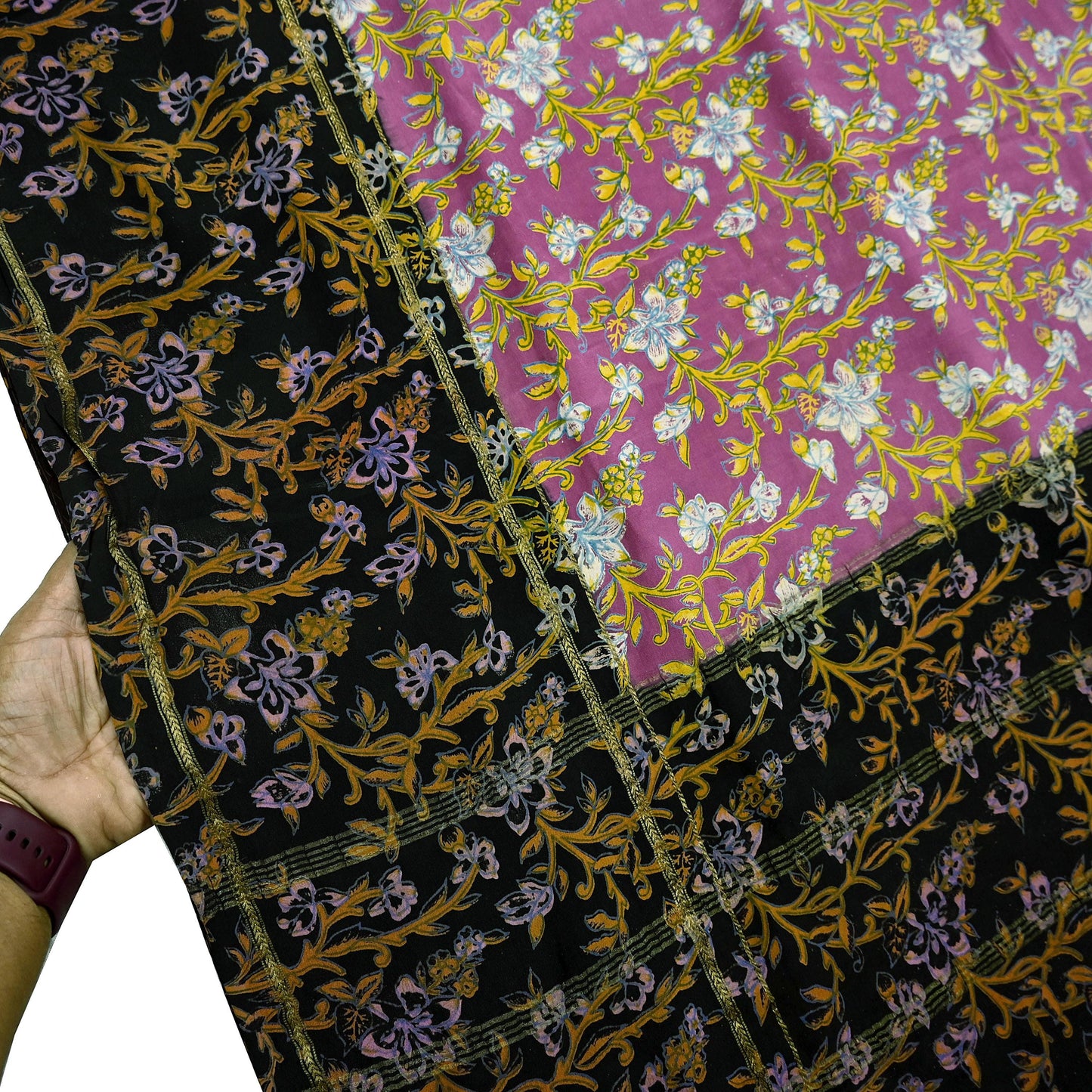 Vintage Sari Pink & Black Pure Silk Printed Saree Fabric 5yard Sewing Soft Dress Designing for Crafting Quilting Upcycle Soft Zari Border