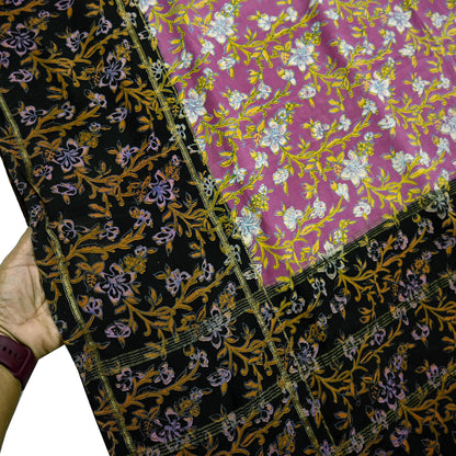 Vintage Sari Pink & Black Pure Silk Printed Saree Fabric 5yard Sewing Soft Dress Designing for Crafting Quilting Upcycle Soft Zari Border
