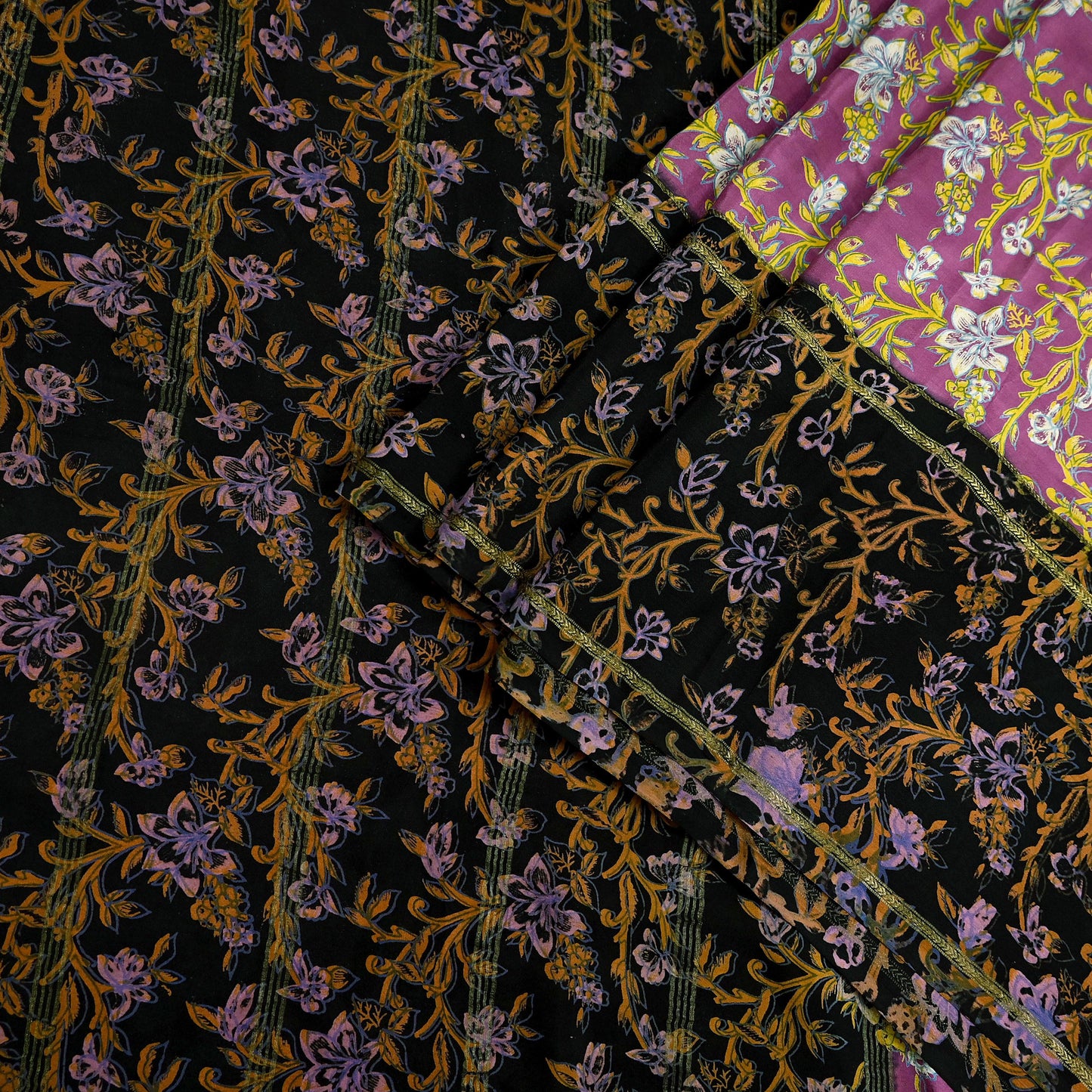 Vintage Sari Pink & Black Pure Silk Printed Saree Fabric 5yard Sewing Soft Dress Designing for Crafting Quilting Upcycle Soft Zari Border