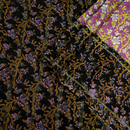 Vintage Sari Pink & Black Pure Silk Printed Saree Fabric 5yard Sewing Soft Dress Designing for Crafting Quilting Upcycle Soft Zari Border