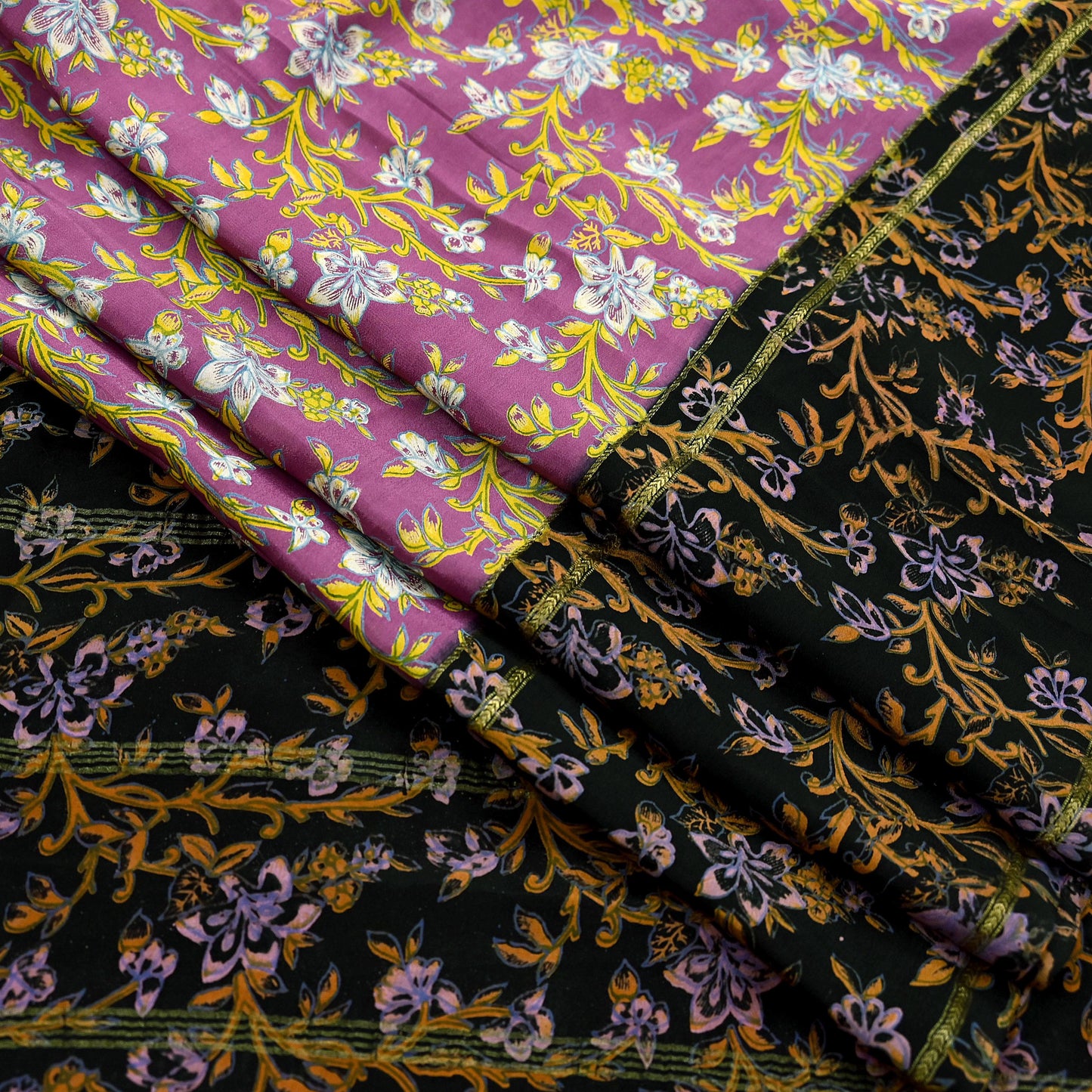 Vintage Sari Pink & Black Pure Silk Printed Saree Fabric 5yard Sewing Soft Dress Designing for Crafting Quilting Upcycle Soft Zari Border