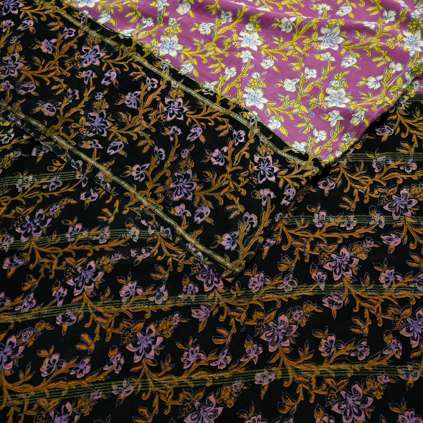 Vintage Sari Pink & Black Pure Silk Printed Saree Fabric 5yard Sewing Soft Dress Designing for Crafting Quilting Upcycle Soft Zari Border