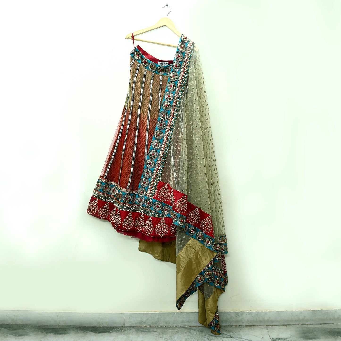 Indian Heavy Wedding Green & Maroon Net/Mesh Hand Embroidered Lehenga 3pcs Set Designer By Anamika Khanna Party Wear