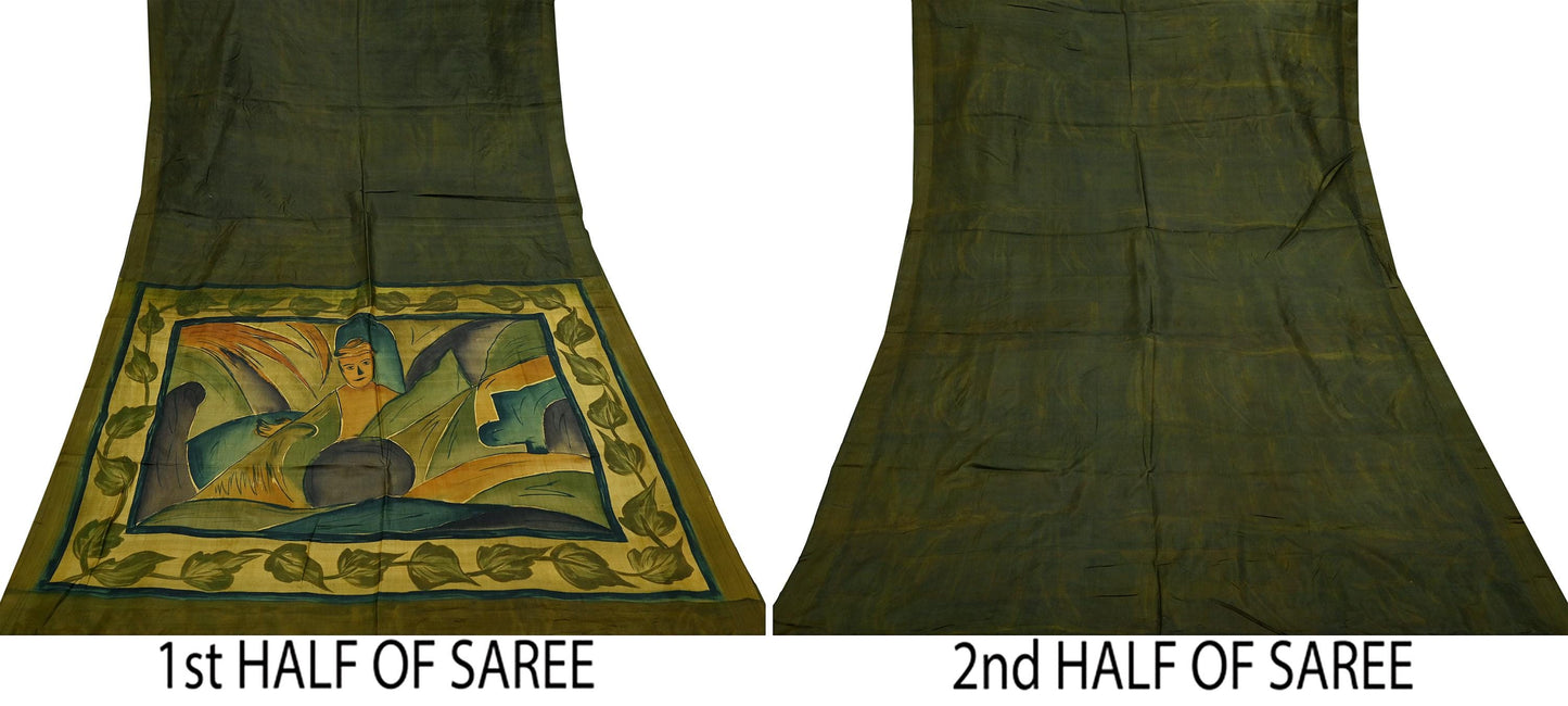 Indian Vintage Sari Green 100% Pure Silk Printed Saree Fabric 6yd Sewing Craft Fabric Dress Making Soft Floral Abstract Quilting Crafting