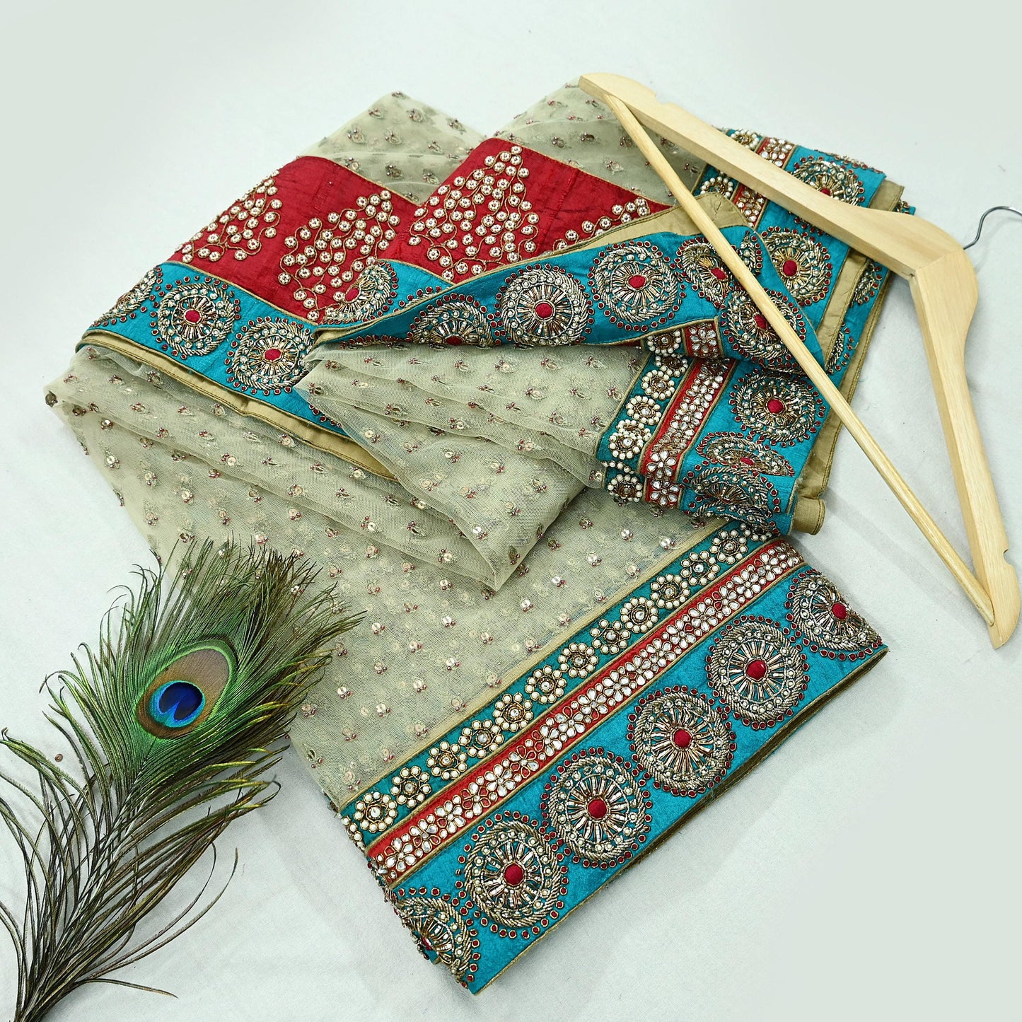 Indian Vintage Heavy Wedding Green Net/Mesh/Velvet Hand Embroidered Dupatta Designer By Anamika Khanna Bridal Wear Dabka Zardozi Veil Hijab