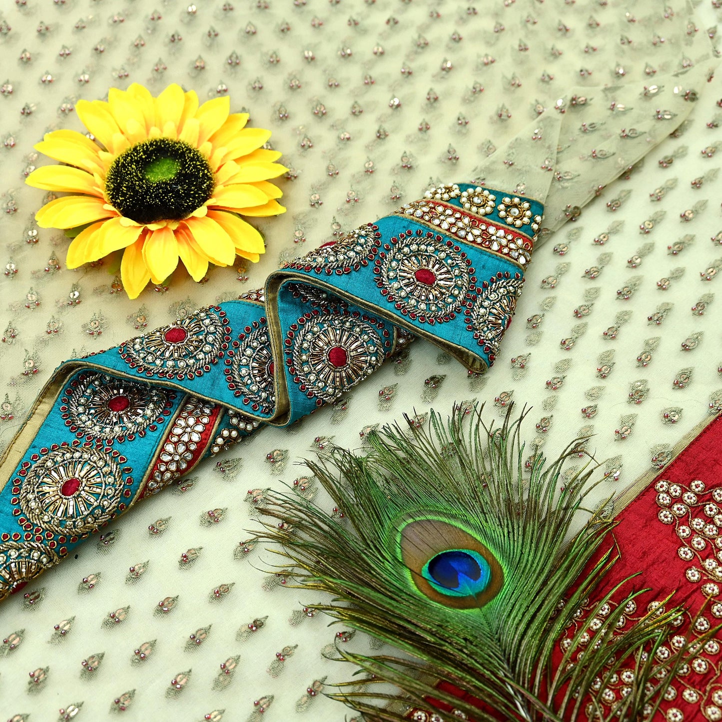 Indian Vintage Heavy Wedding Green Net/Mesh/Velvet Hand Embroidered Dupatta Designer By Anamika Khanna Bridal Wear Dabka Zardozi Veil Hijab