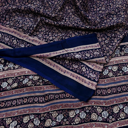 Indian Vintage Blue Pure Silk Printed Saree 5 Yards Soft Floral Fabric for Dressmaking, Quilting, Crafting, Sewing & Upcycling Dress Making