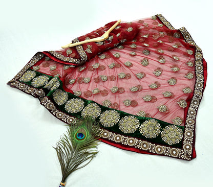 Indian Heavy Maroon Colored Pure Chanderi Silk/Net Hand Embroidered Lehenga 2pcs Set By Designer Sabyasachi Bridal Wear