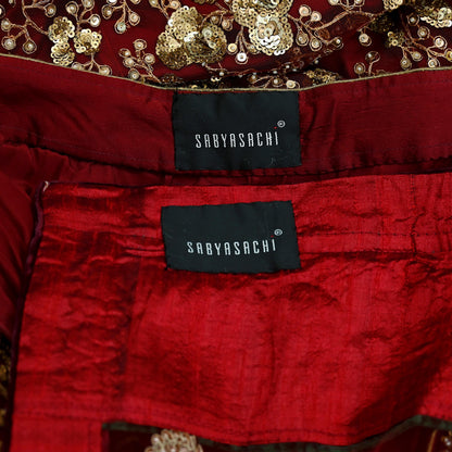 Indian Heavy Maroon Colored Pure Chanderi Silk/Net Hand Embroidered Lehenga 2pcs Set By Designer Sabyasachi Bridal Wear
