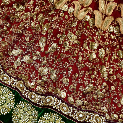Indian Heavy Maroon Colored Pure Chanderi Silk/Net Hand Embroidered Lehenga 2pcs Set By Designer Sabyasachi Bridal Wear