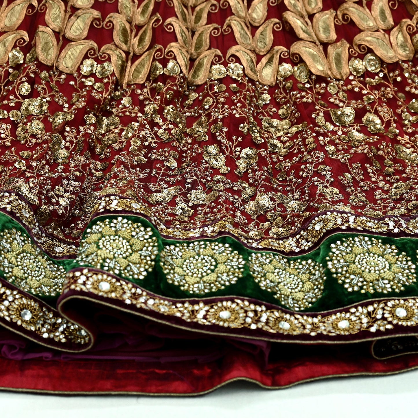 Indian Vintage Heavy maroon Net/Mesh Hand Embroidered Lehenga Skirt By Designer Sabyasachi Bridal Wear Dabka/ Zardozi