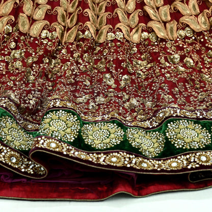 Indian Vintage Heavy maroon Net/Mesh Hand Embroidered Lehenga Skirt By Designer Sabyasachi Bridal Wear Dabka/ Zardozi