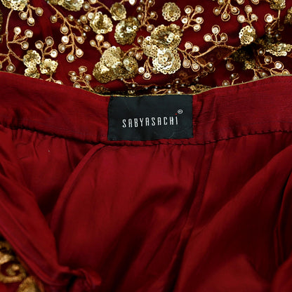 Indian Vintage Heavy maroon Net/Mesh Hand Embroidered Lehenga Skirt By Designer Sabyasachi Bridal Wear Dabka/ Zardozi