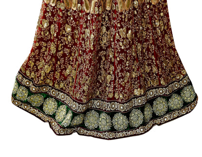 Indian Vintage Heavy maroon Net/Mesh Hand Embroidered Lehenga Skirt By Designer Sabyasachi Bridal Wear Dabka/ Zardozi