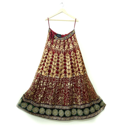 Indian Vintage Heavy maroon Net/Mesh Hand Embroidered Lehenga Skirt By Designer Sabyasachi Bridal Wear Dabka/ Zardozi