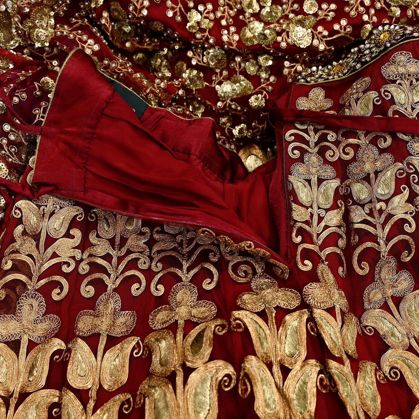 Indian Vintage Heavy maroon Net/Mesh Hand Embroidered Lehenga Skirt By Designer Sabyasachi Bridal Wear Dabka/ Zardozi