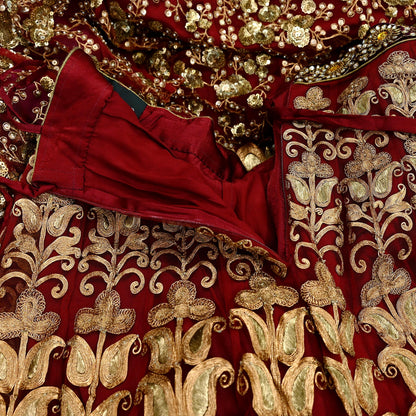 Indian Vintage Heavy maroon Net/Mesh Hand Embroidered Lehenga Skirt By Designer Sabyasachi Bridal Wear Dabka/ Zardozi