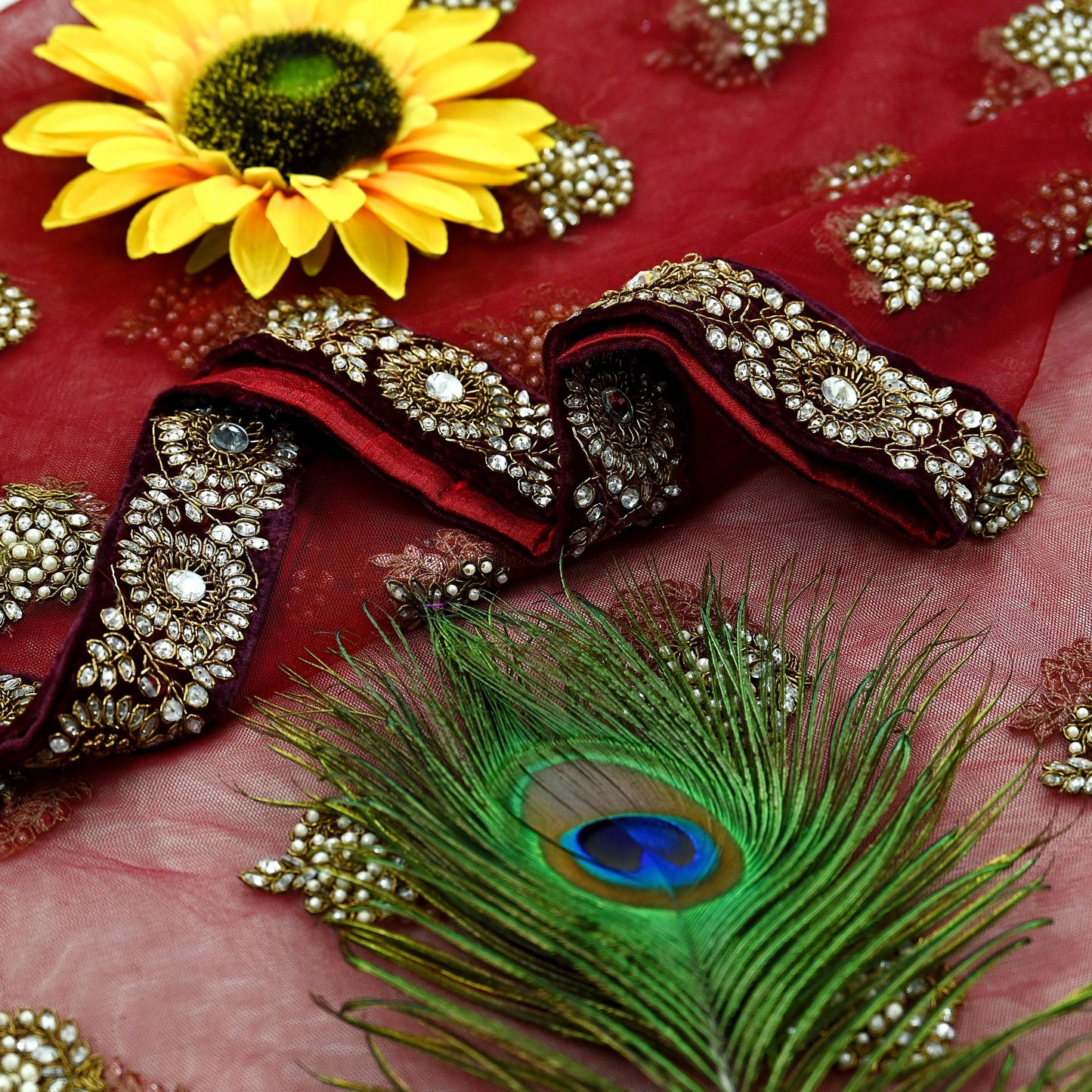 Indian Vintage Heavy Wedding Dupatta Maroon Net Long Stole Hand Embroidered By Designer Sabyasachi Scarves Zardozi Bridal Veil