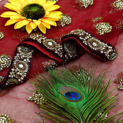 Indian Vintage Heavy Wedding Dupatta Maroon Net Long Stole Hand Embroidered By Designer Sabyasachi Scarves Zardozi Bridal Veil