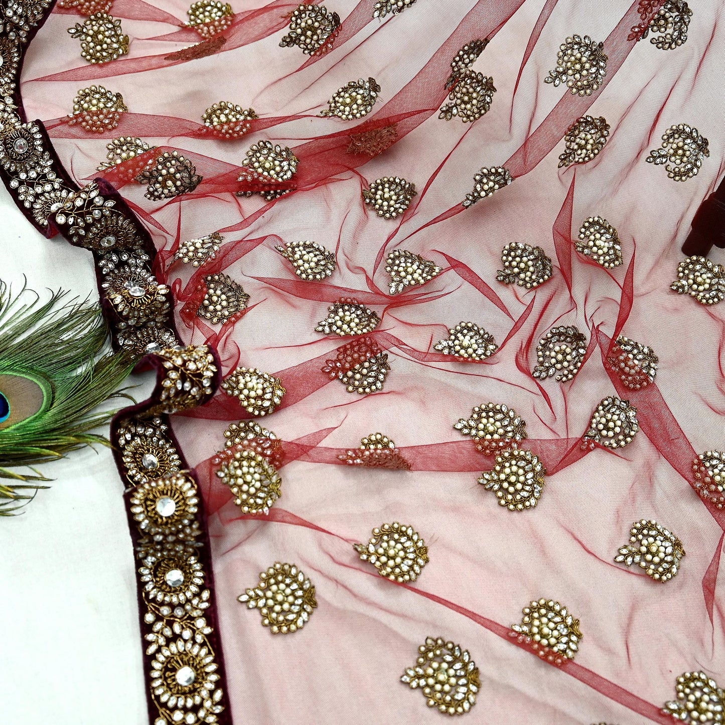 Indian Vintage Heavy Wedding Dupatta Maroon Net Long Stole Hand Embroidered By Designer Sabyasachi Scarves Zardozi Bridal Veil