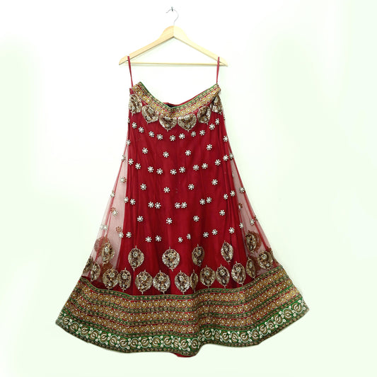 Indian Vintage Heavy maroon Net/Mesh Hand Embroidered Lehenga Skirt By Designer Sabyasachi Bridal Wear Dabka/ Zardozi