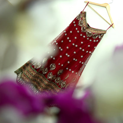 Indian Vintage Heavy maroon Net/Mesh Hand Embroidered Lehenga Skirt By Designer Sabyasachi Bridal Wear Dabka/ Zardozi