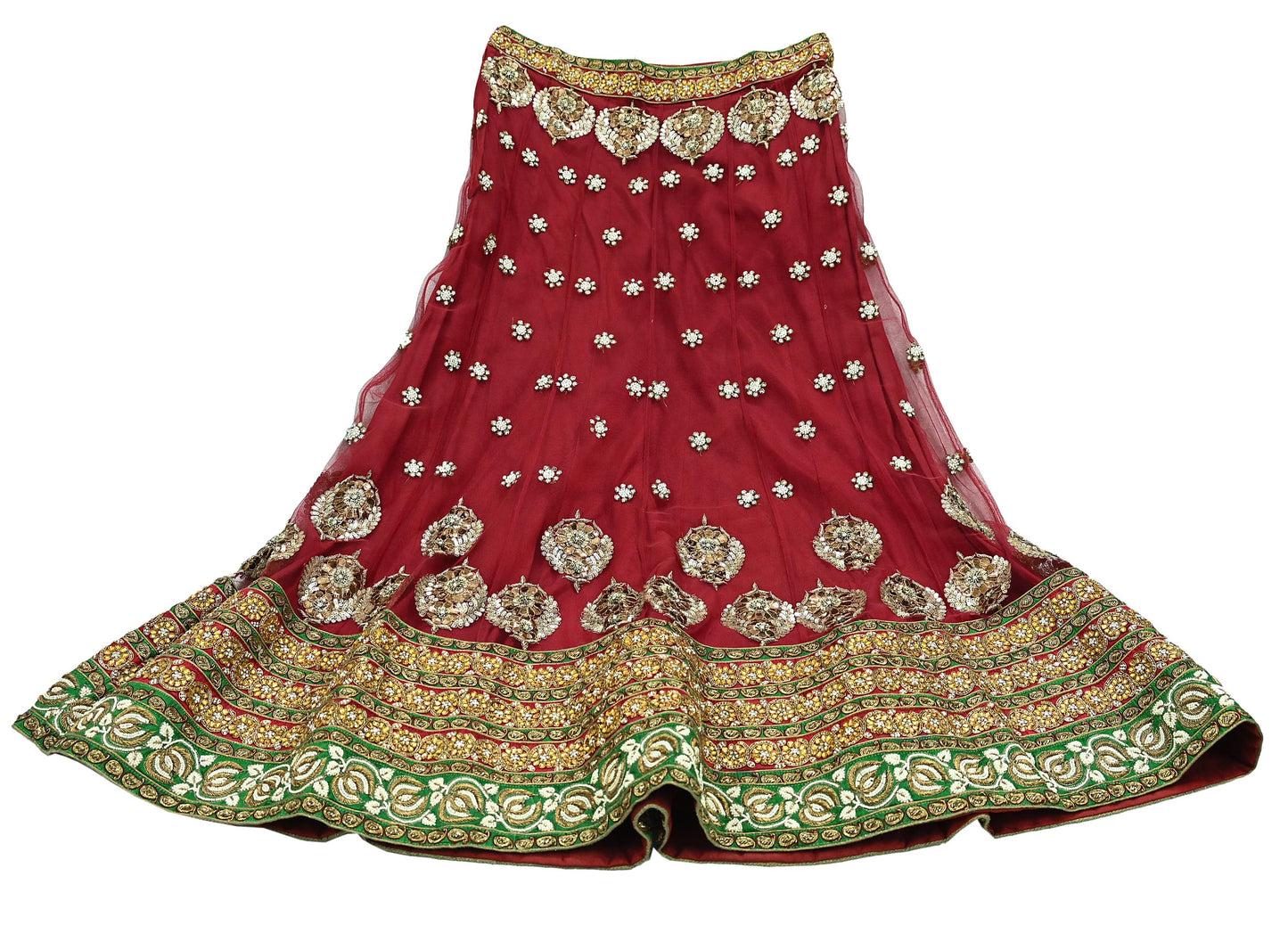 Indian Vintage Heavy maroon Net/Mesh Hand Embroidered Lehenga Skirt By Designer Sabyasachi Bridal Wear Dabka/ Zardozi