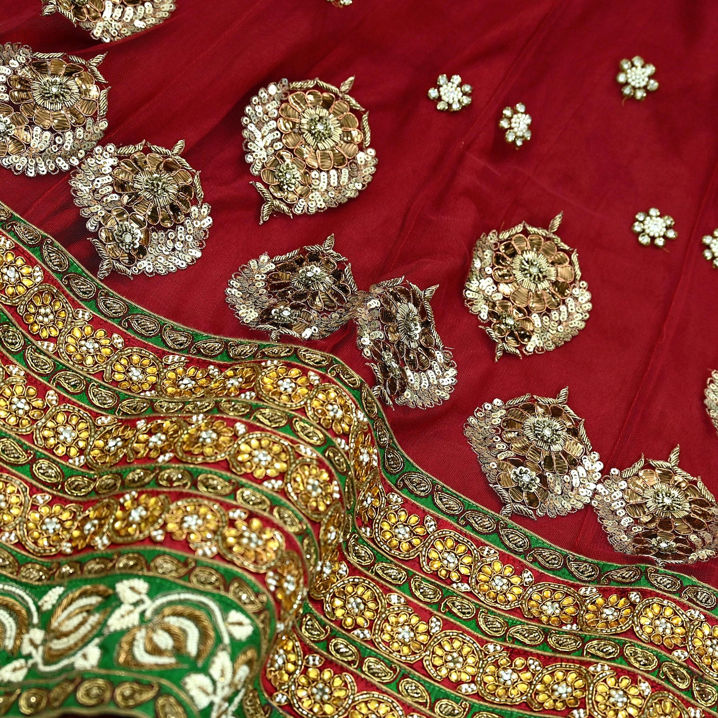 Indian Vintage Heavy maroon Net/Mesh Hand Embroidered Lehenga Skirt By Designer Sabyasachi Bridal Wear Dabka/ Zardozi