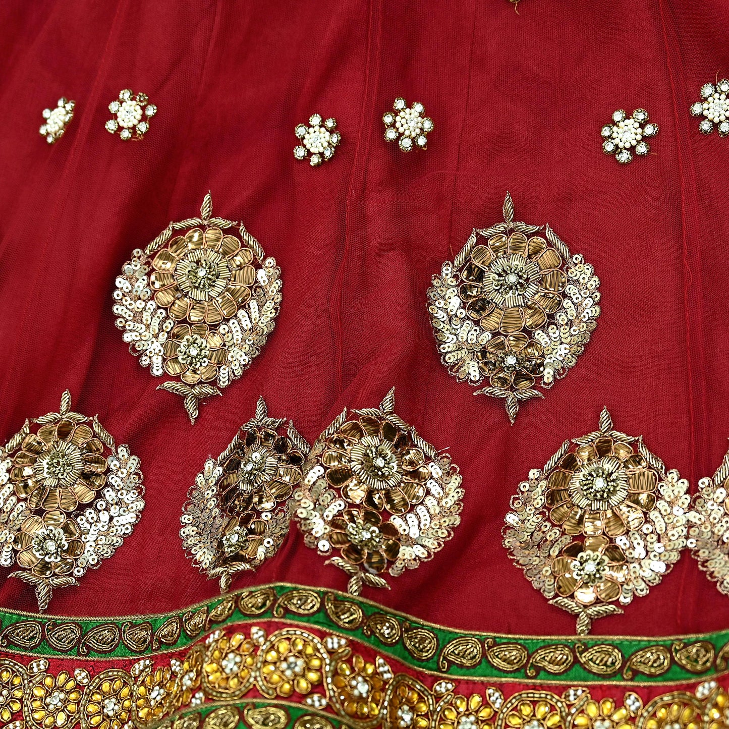 Indian Vintage Heavy maroon Net/Mesh Hand Embroidered Lehenga Skirt By Designer Sabyasachi Bridal Wear Dabka/ Zardozi