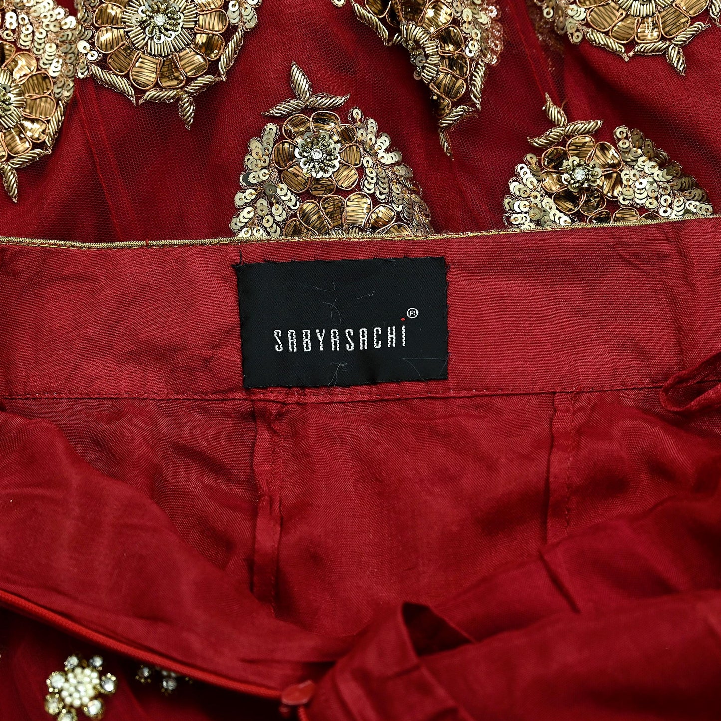 Indian Vintage Heavy maroon Net/Mesh Hand Embroidered Lehenga Skirt By Designer Sabyasachi Bridal Wear Dabka/ Zardozi