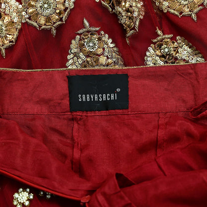 Indian Vintage Heavy maroon Net/Mesh Hand Embroidered Lehenga Skirt By Designer Sabyasachi Bridal Wear Dabka/ Zardozi