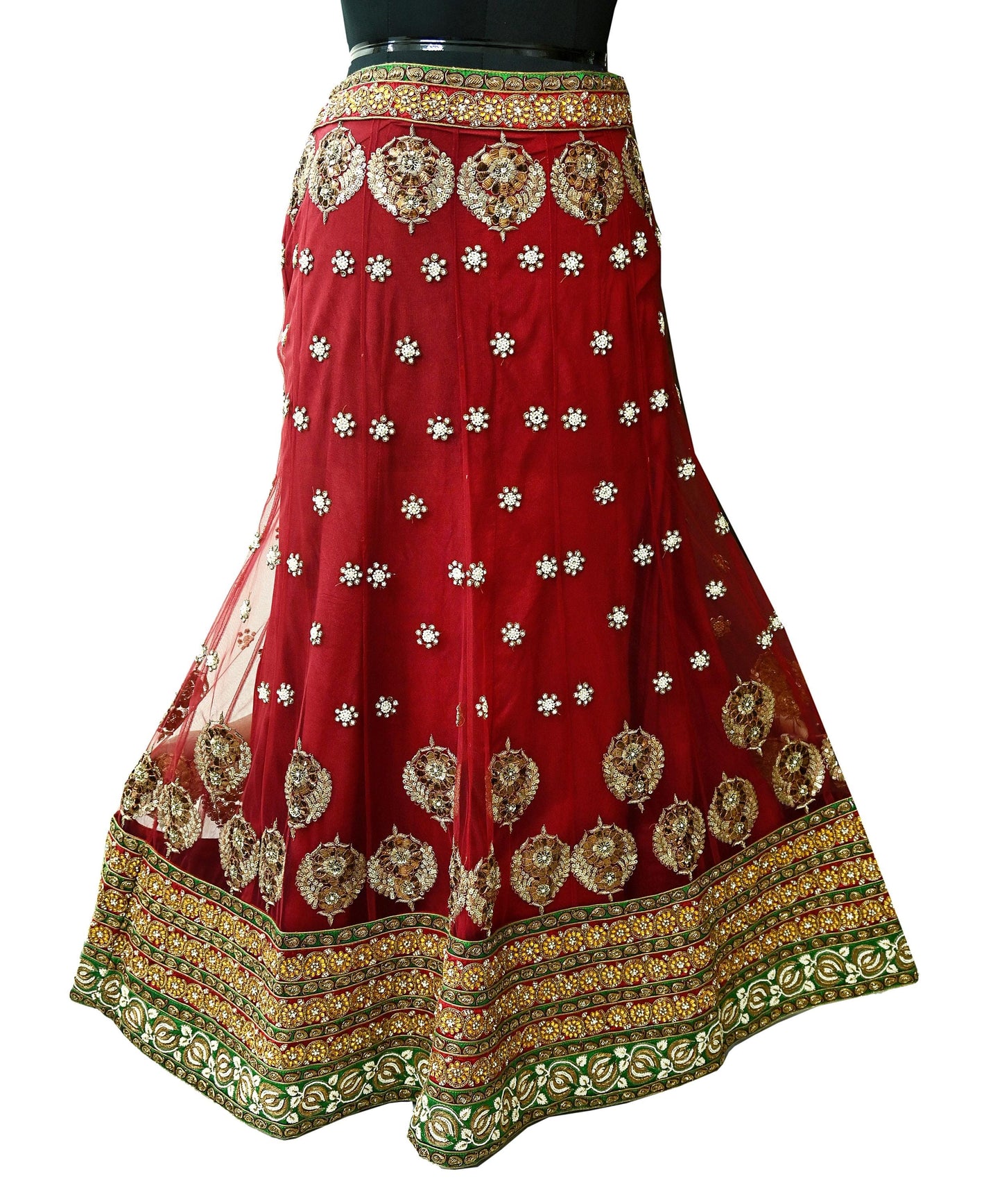 Indian Vintage Heavy maroon Net/Mesh Hand Embroidered Lehenga Skirt By Designer Sabyasachi Bridal Wear Dabka/ Zardozi
