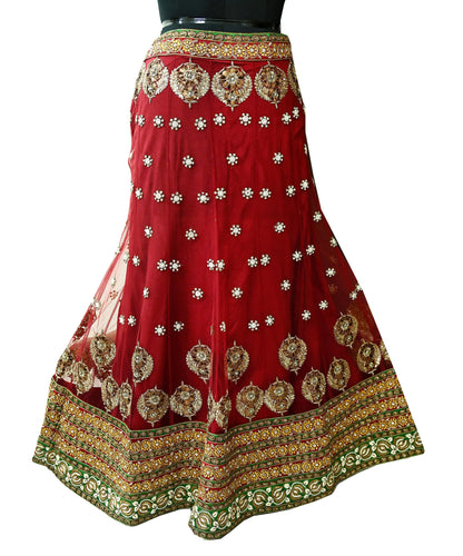 Indian Vintage Heavy maroon Net/Mesh Hand Embroidered Lehenga Skirt By Designer Sabyasachi Bridal Wear Dabka/ Zardozi