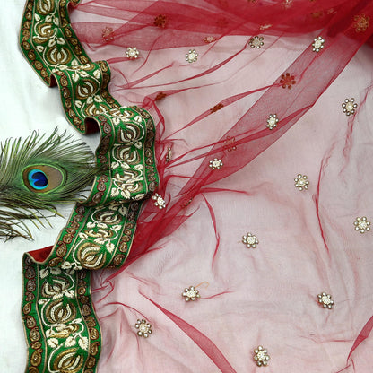 Indian Vintage Heavy Wedding Dupatta Maroon Net Long Stole Hand Embroidered By Designer Sabyasachi Scarves Zardozi Bridal Veil