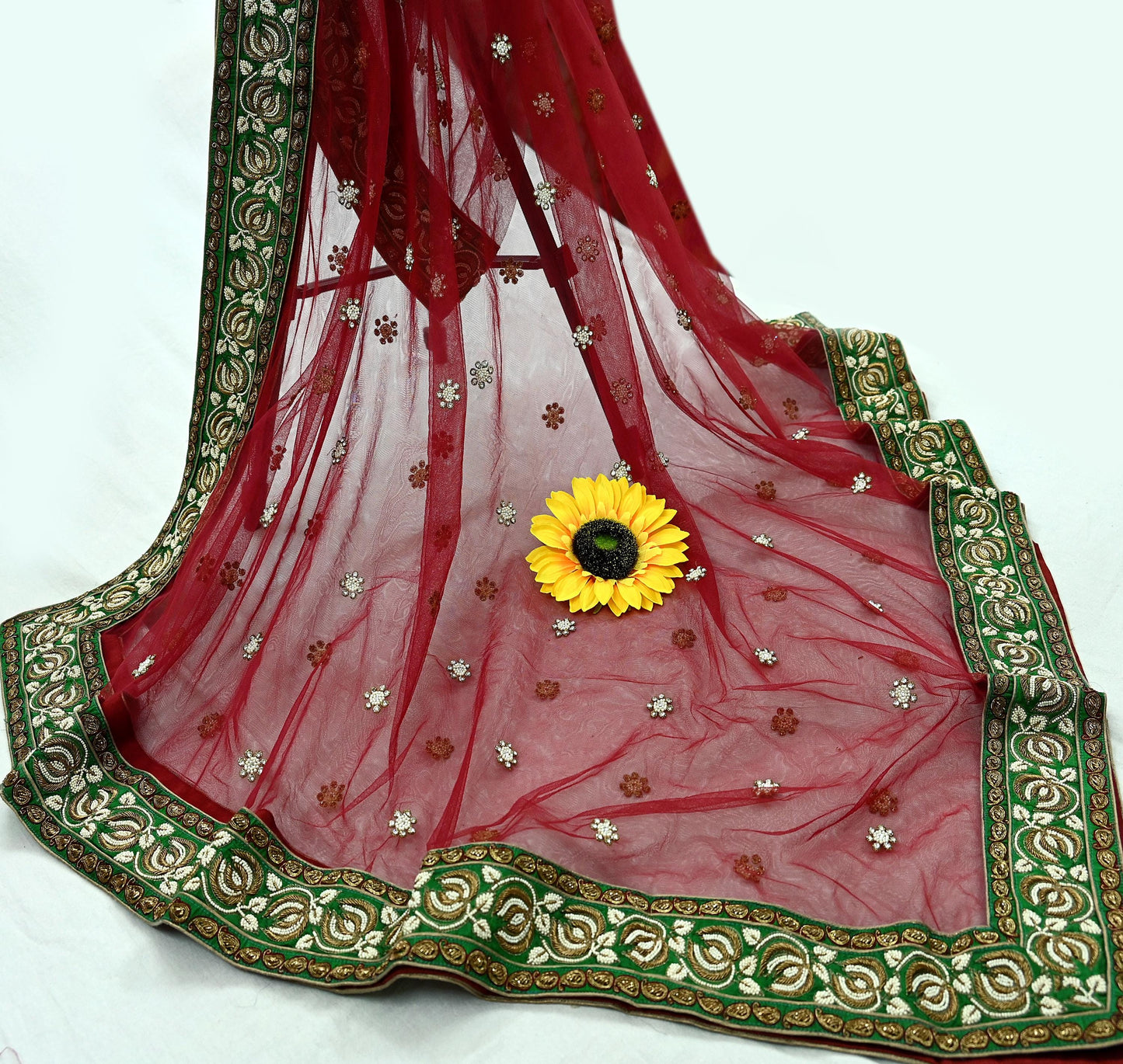 Indian Vintage Heavy Wedding Dupatta Maroon Net Long Stole Hand Embroidered By Designer Sabyasachi Scarves Zardozi Bridal Veil