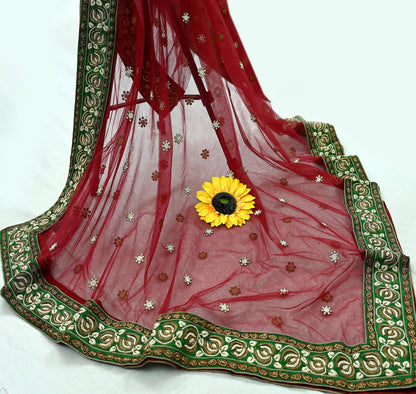 Indian Vintage Heavy Wedding Dupatta Maroon Net Long Stole Hand Embroidered By Designer Sabyasachi Scarves Zardozi Bridal Veil