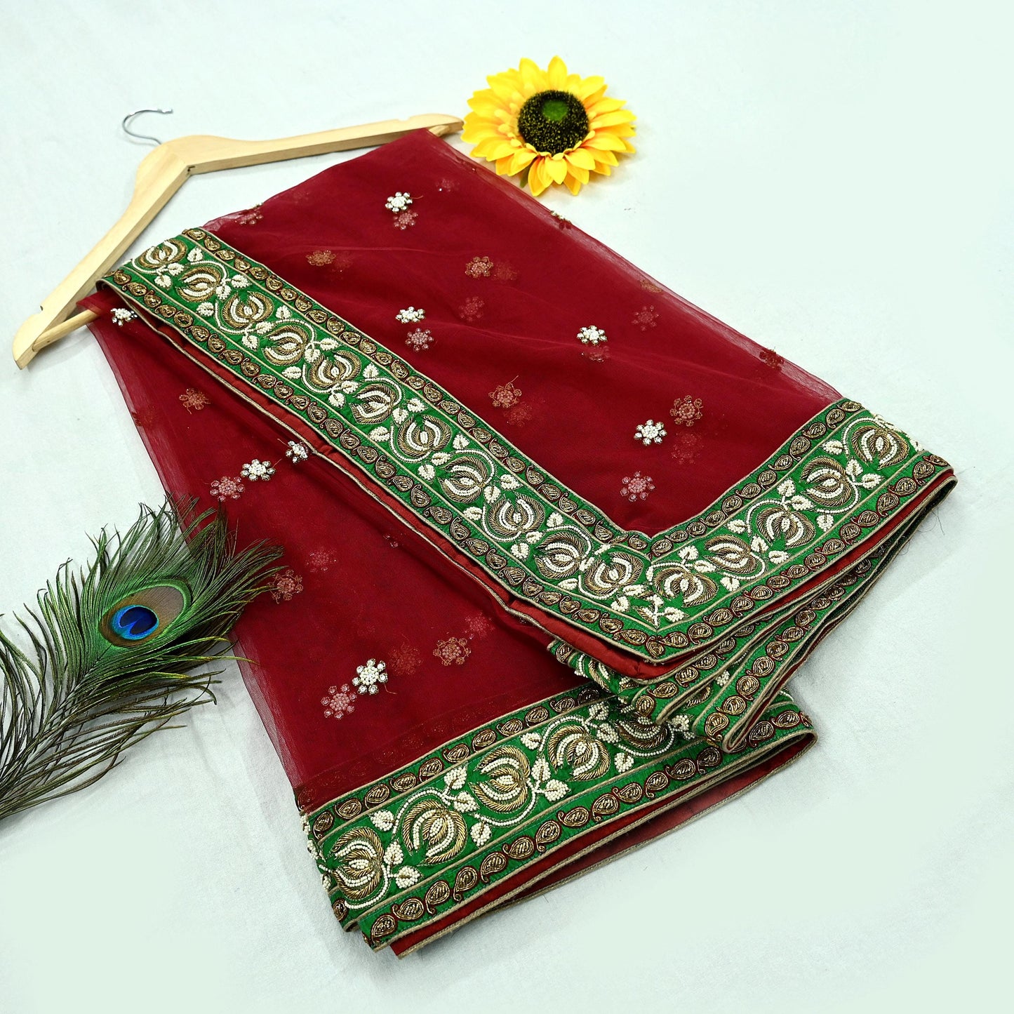 Indian Vintage Heavy Wedding Dupatta Maroon Net Long Stole Hand Embroidered By Designer Sabyasachi Scarves Zardozi Bridal Veil