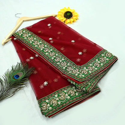 Indian Vintage Heavy Wedding Dupatta Maroon Net Long Stole Hand Embroidered By Designer Sabyasachi Scarves Zardozi Bridal Veil