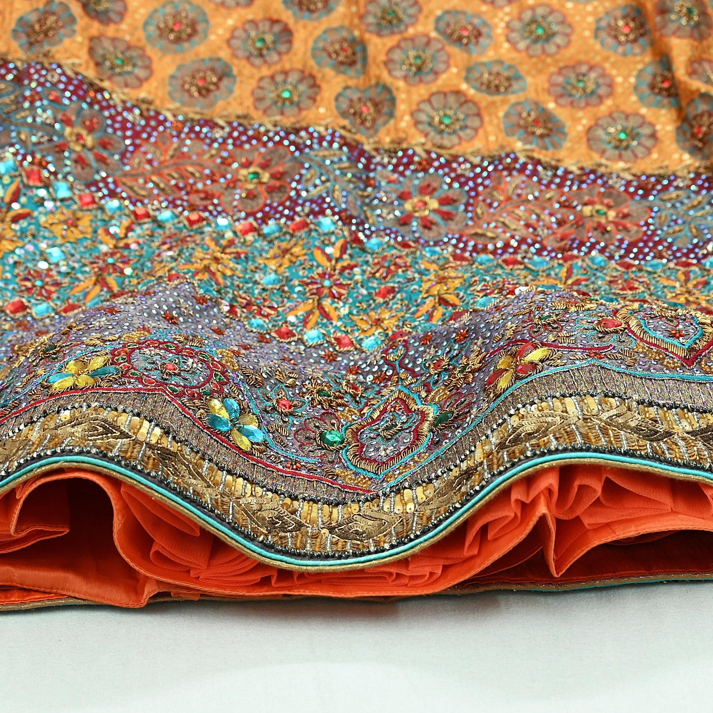 Indian Heavy Wedding Saffron & Maroon Pure Chanderi Silk Hand Embroidered Lehenga/Skirt Designer By Manish Malhotra Bridal Wear Zardozi