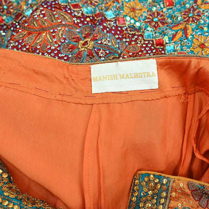 Indian Heavy Wedding Saffron & Maroon Pure Chanderi Silk Hand Embroidered Lehenga/Skirt Designer By Manish Malhotra Bridal Wear Zardozi