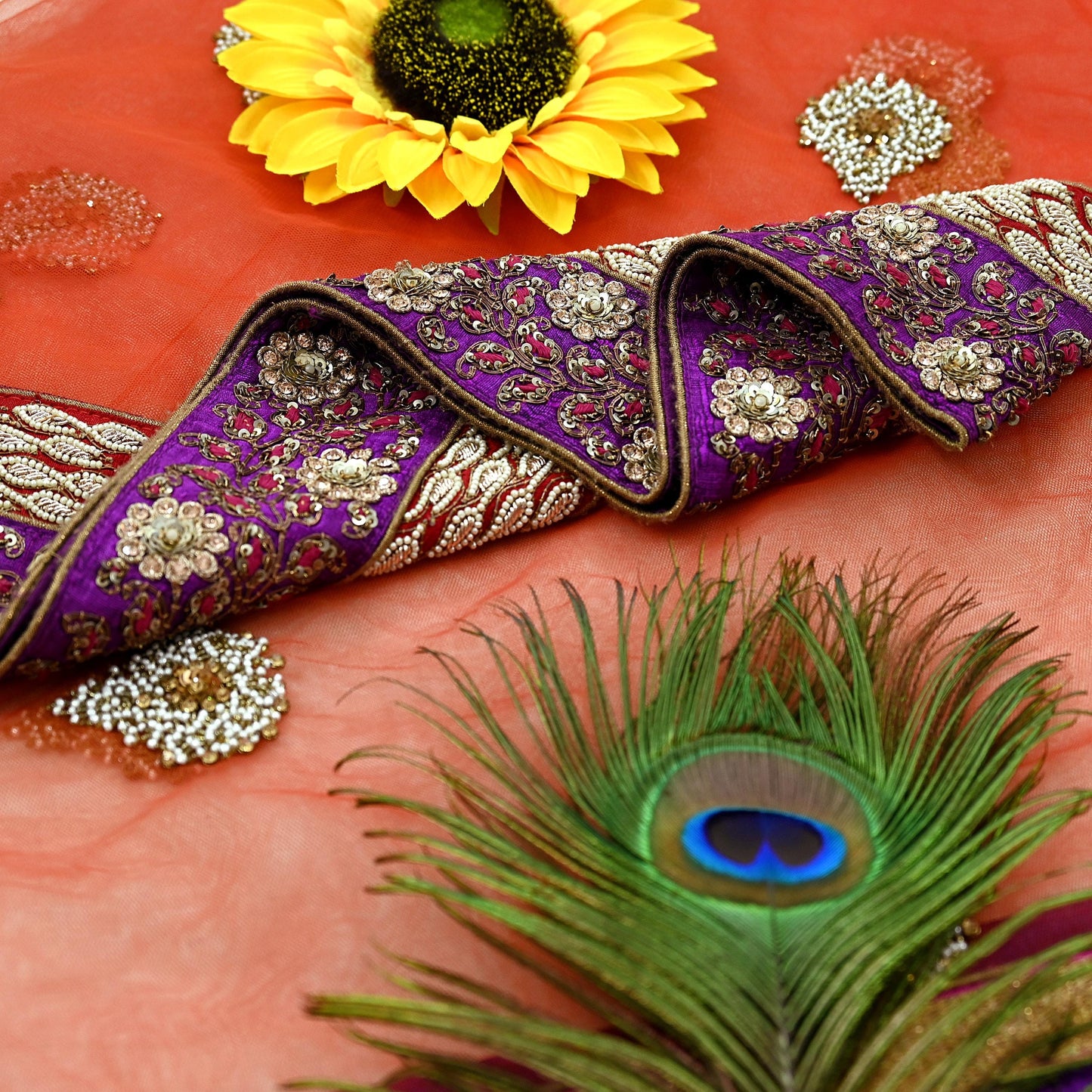 Indian Vintage Heavy Wedding Dupatta Orange Net Long Stole Hand Embroidered By Designer Sabyasachi Scarves Zardozi Bridal Veil