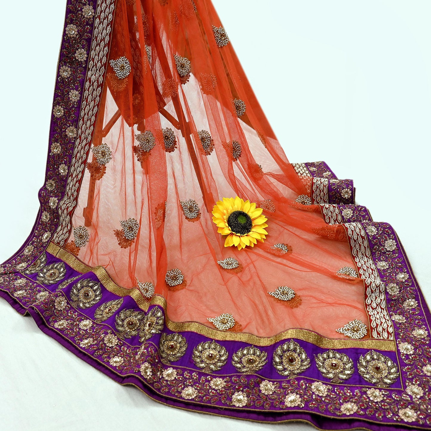 Indian Vintage Heavy Wedding Dupatta Orange Net Long Stole Hand Embroidered By Designer Sabyasachi Scarves Zardozi Bridal Veil