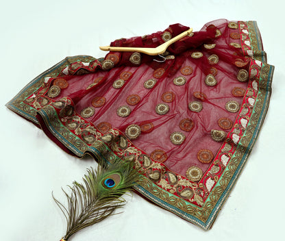 Indian Vintage Heavy Wedding Dupatta Maroon Net Long Stole Hand Embroidered By Designer Sabyasachi Scarves Zardozi Bridal Veil